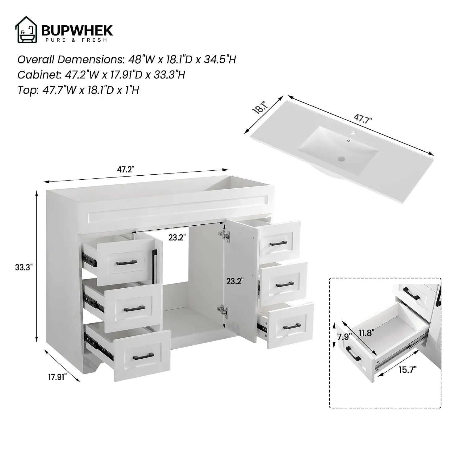 48” Luxurious Bathroom Vanity with Integrate Sink Combo, White Bathroom Cabinet with 2 Soft Closing Doors & 6 Full, Customized
