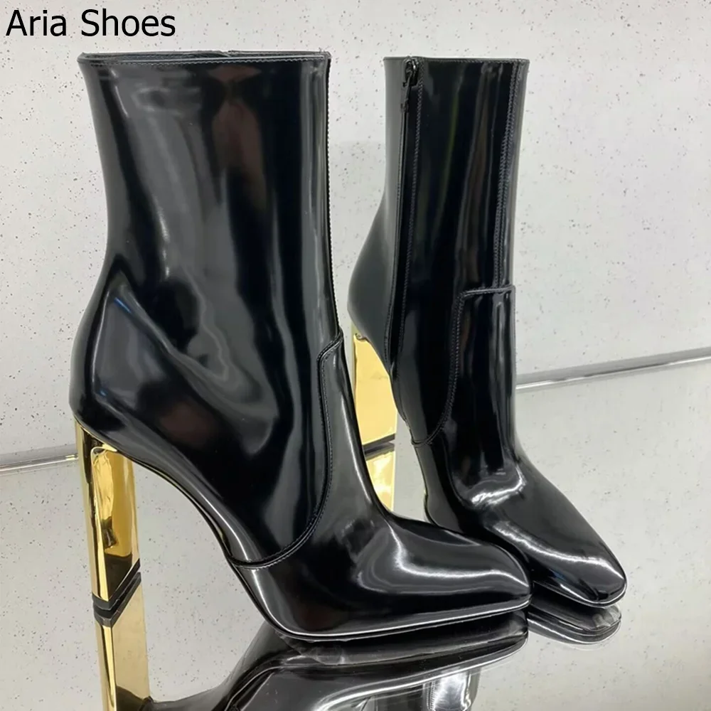 

Gold Color Metal Heel Shiny Women Boots Patent Leather Round Fashion Black Ankle/knee Boots Side Zipper 2025 New 7/9Cm Heel Shoe