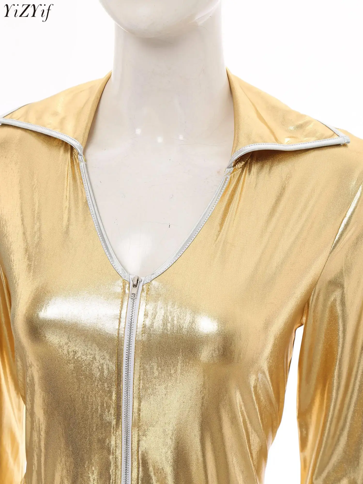 

Womens 70s 80s Disco Dance Outfit Sparkle Metallic Party Bodysuit One Piece Long Sleeve Flared Jumpsuit Carnival Cosplay Costume