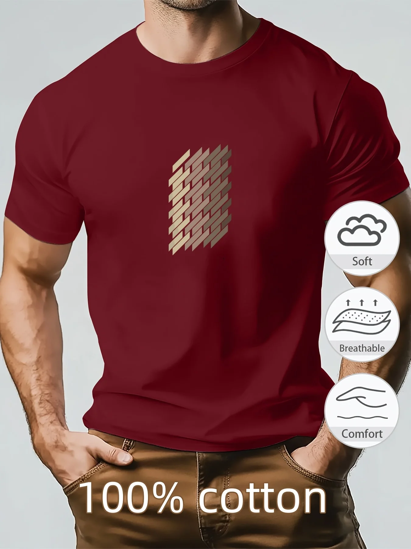 

Pop Summer Men's 100% Pure Cotton Geometric Print Fashionable Casual Loose Sports Round Neck Short Sleeved T-shirt Top