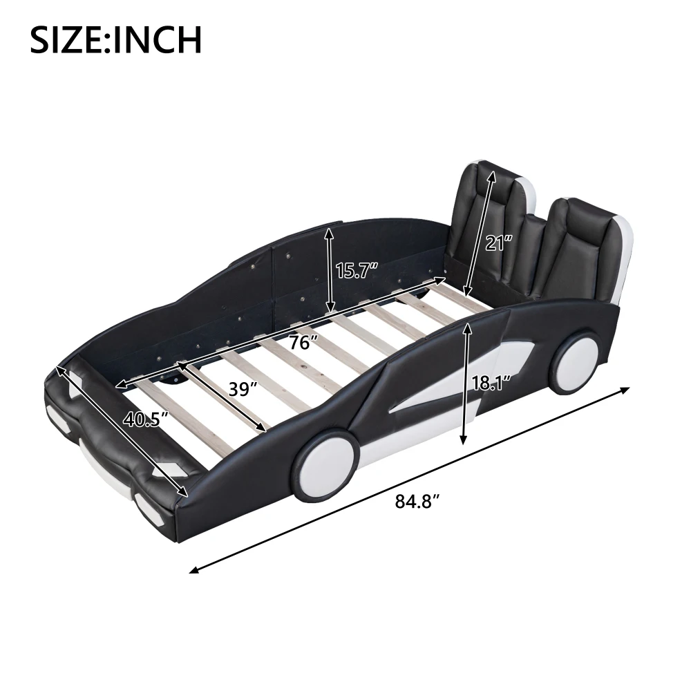 Twin-Size-Plattformbett in Rennwagenform mit Rollen, Schwarz