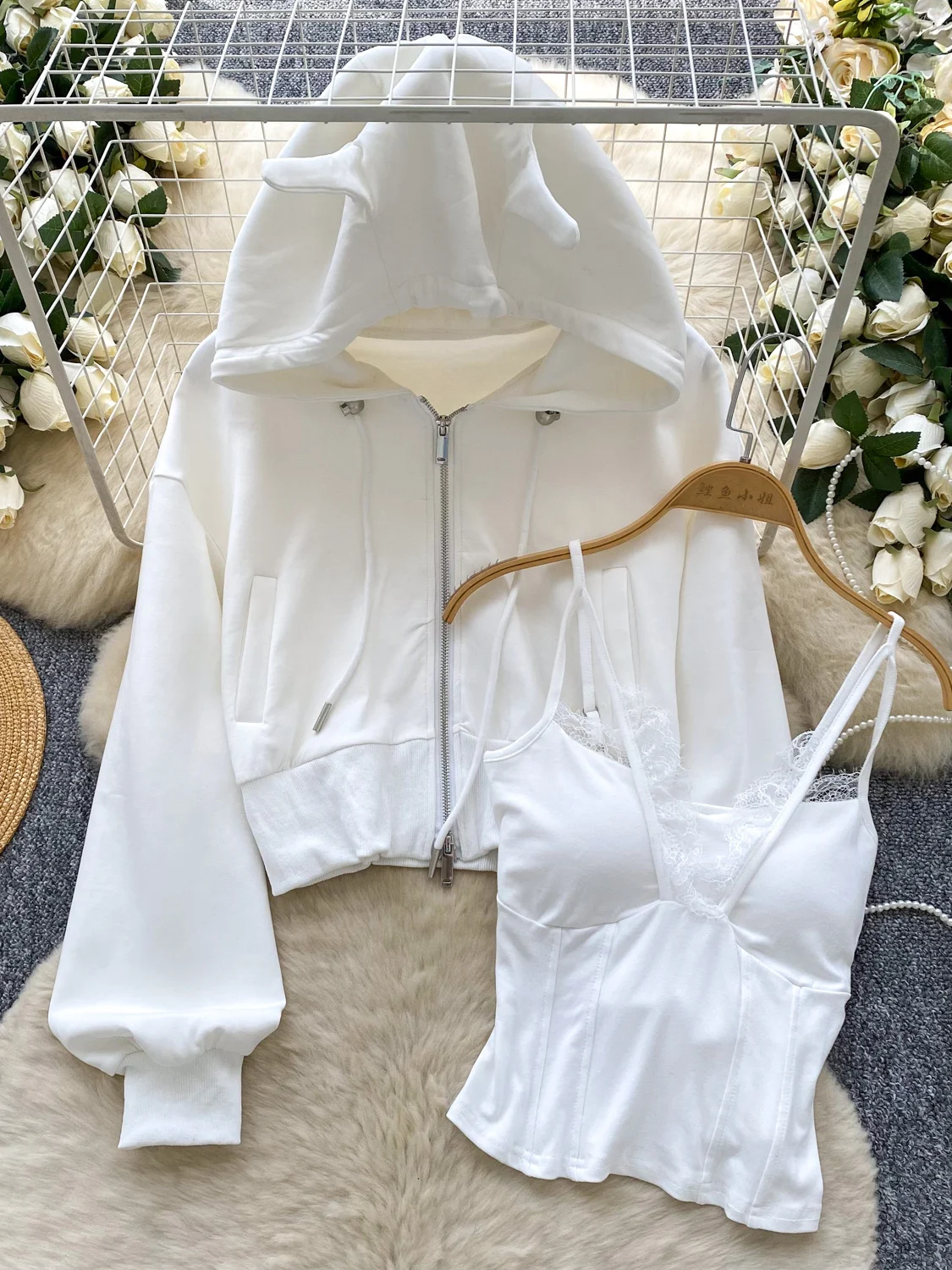 

Casual Lace Splice Slim Fit Vest Loose ort Hoodie Women's Faion Set High Waist Pure Color Autumn Wear Commute Sle