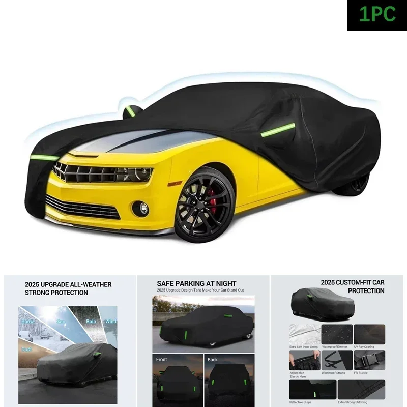 

Outdoor Full Car Cover Fit with Zipper Windproof Heavy Duty Waterproof All Weather Protection Black For 2010-2023 Chevy Camaro