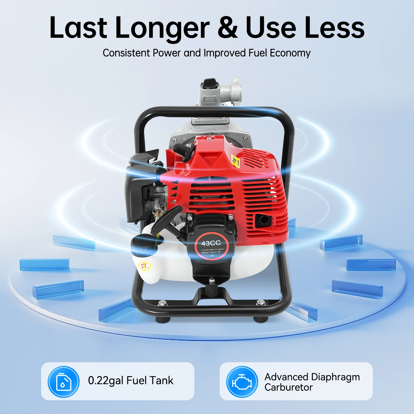2-Stroke Water Pump with 2m Water Inlet Pipe 43cc 1.25kw Air-cooled Portable Water Pump for Tank Filling Sprinkler Washing