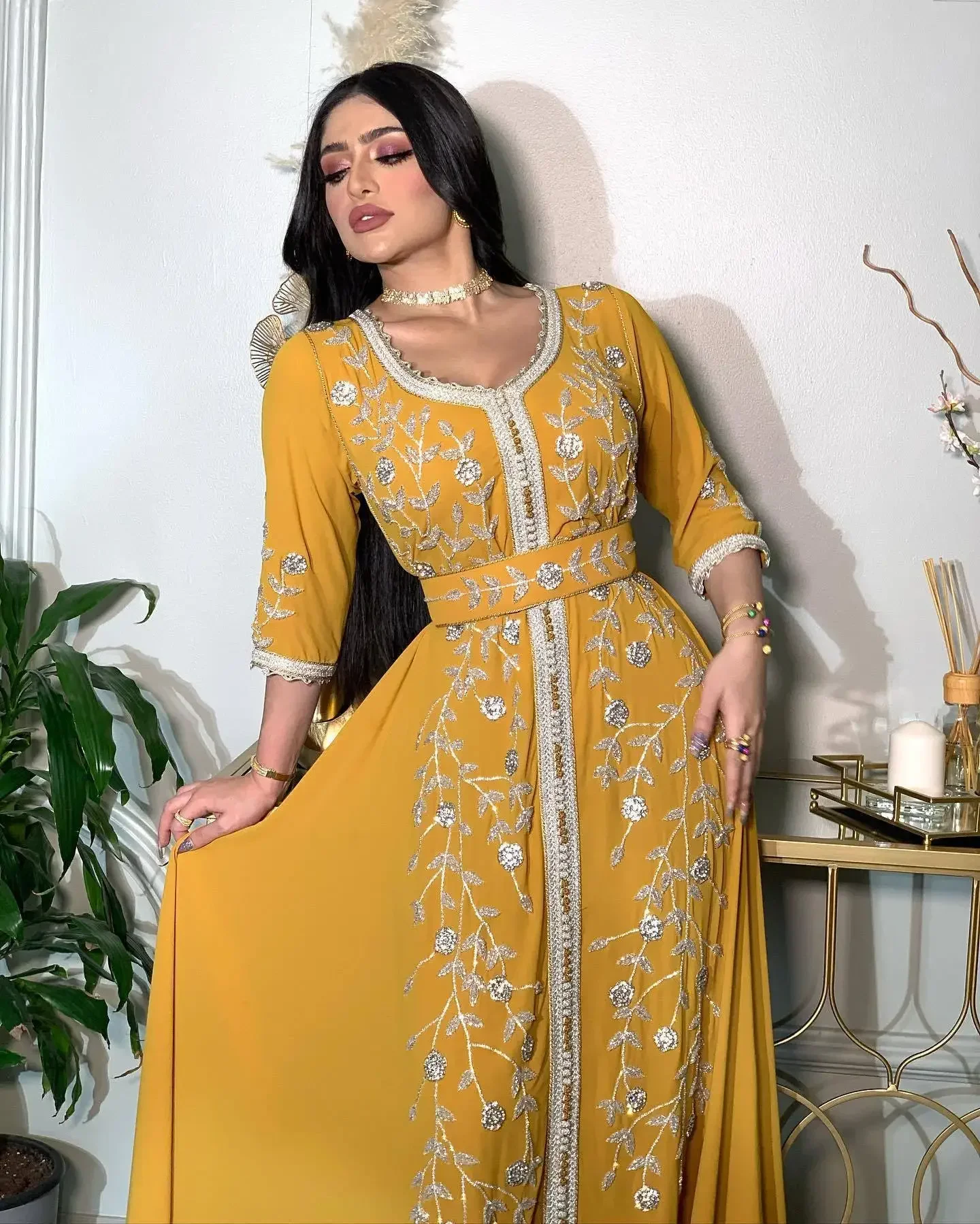 Elegant Eid Muslim Evening Party Jalabiya Marocain Dress Ramadan Arabic Yellow Embroidery Abaya Islamic Turkish Moroccan Kaftan