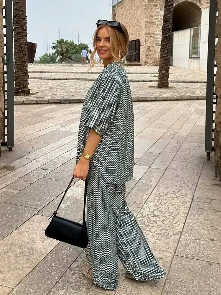 Foridol Geometric Print Casual Oversize Wide Leg Shirt Pant Sets Women 2 Pcs Spring Summer Outfit Green Loose Matching Set 2024