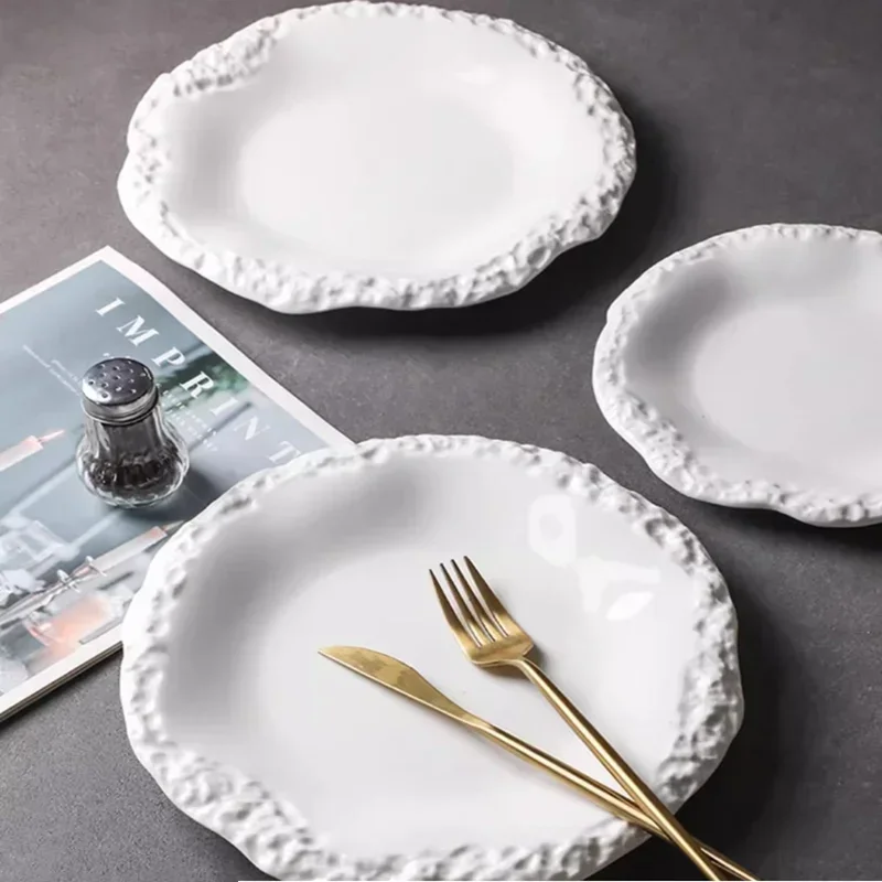

Circular Solid Color Ceramic Plate, 8-10 Inch Rock Patterned Relief Edge Dessert Plate, High-end Hotel Restaurant Tableware