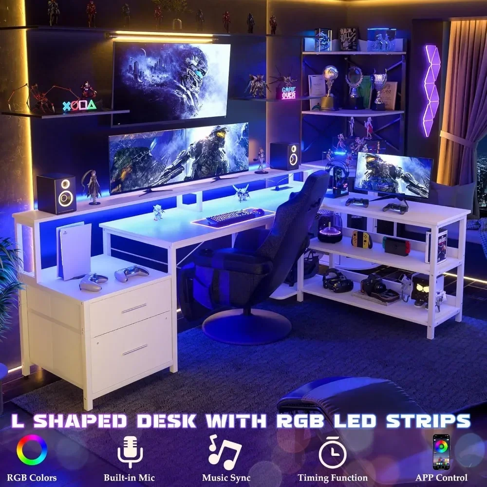 L Shaped Desk with Power Outlet, Reversible L Shaped Computer Desk with File Drawer & Monitor Stand, Gaming Desk with LED Strip