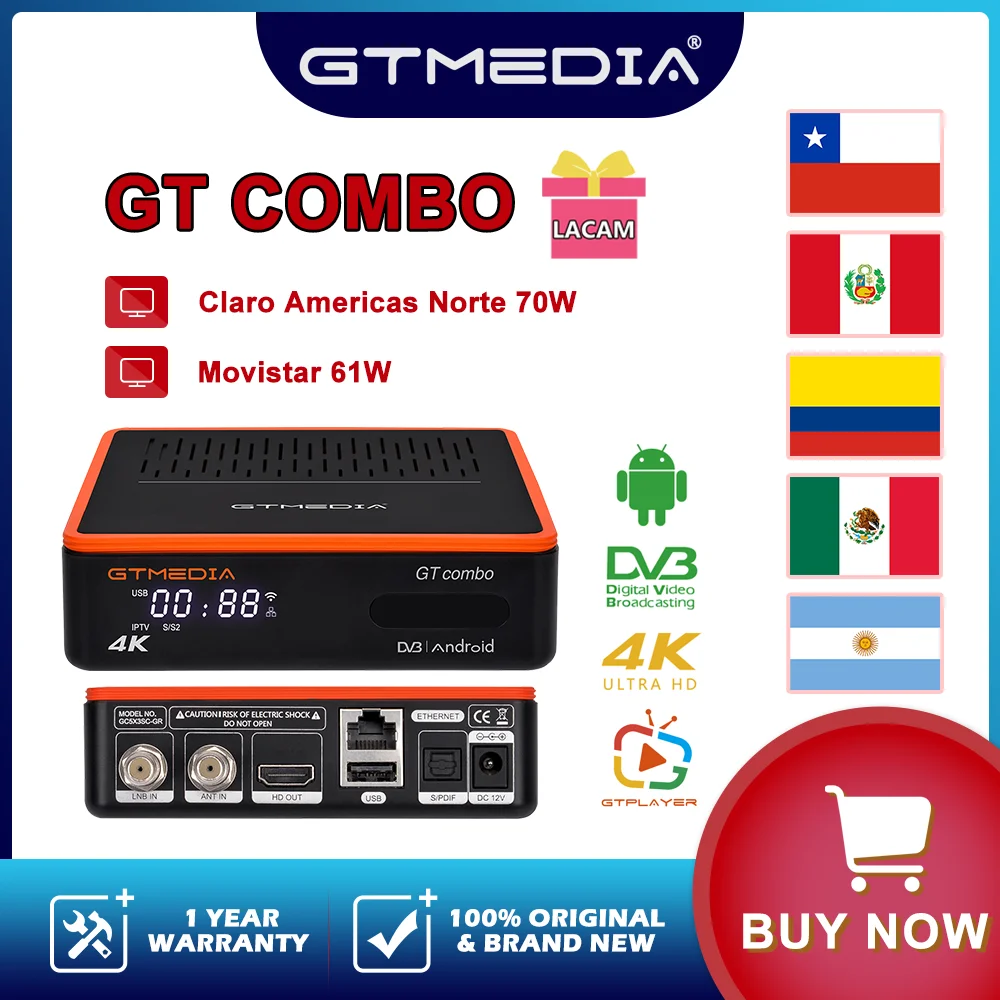 GTMEDIA GT COMBO LACAM 70W 61W DVB-S/S2/S2X 4K Satellite Antenna Receiver Android 9.0 Decoder GTplayer For Chile Peru Colombia