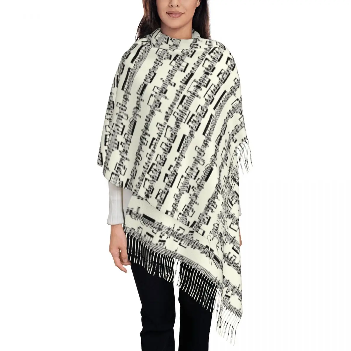 

Womens Scarf with Tassel Sheet Music On Ivory Large Super Soft Shawl Wrap Musical Notes Gifts Pashmina Scarves