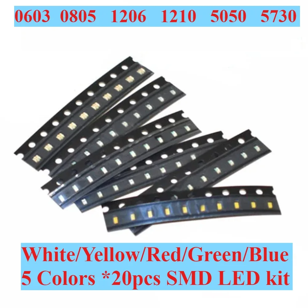 100pcs 5 cores SMD LED kit sortido - 0603 0805 1206 1210 5730 5050, mini diodos LED para reparo eletrônico