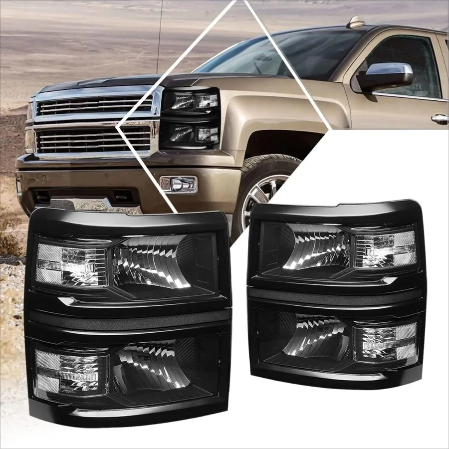 قطعتان من مجموعة المصابيح الأمامية البديلة المتوافقة مع تشيفي سيلفرادو 14-15 | مصابيح أمامية مع غطاء أسود زاوية شفافة #1