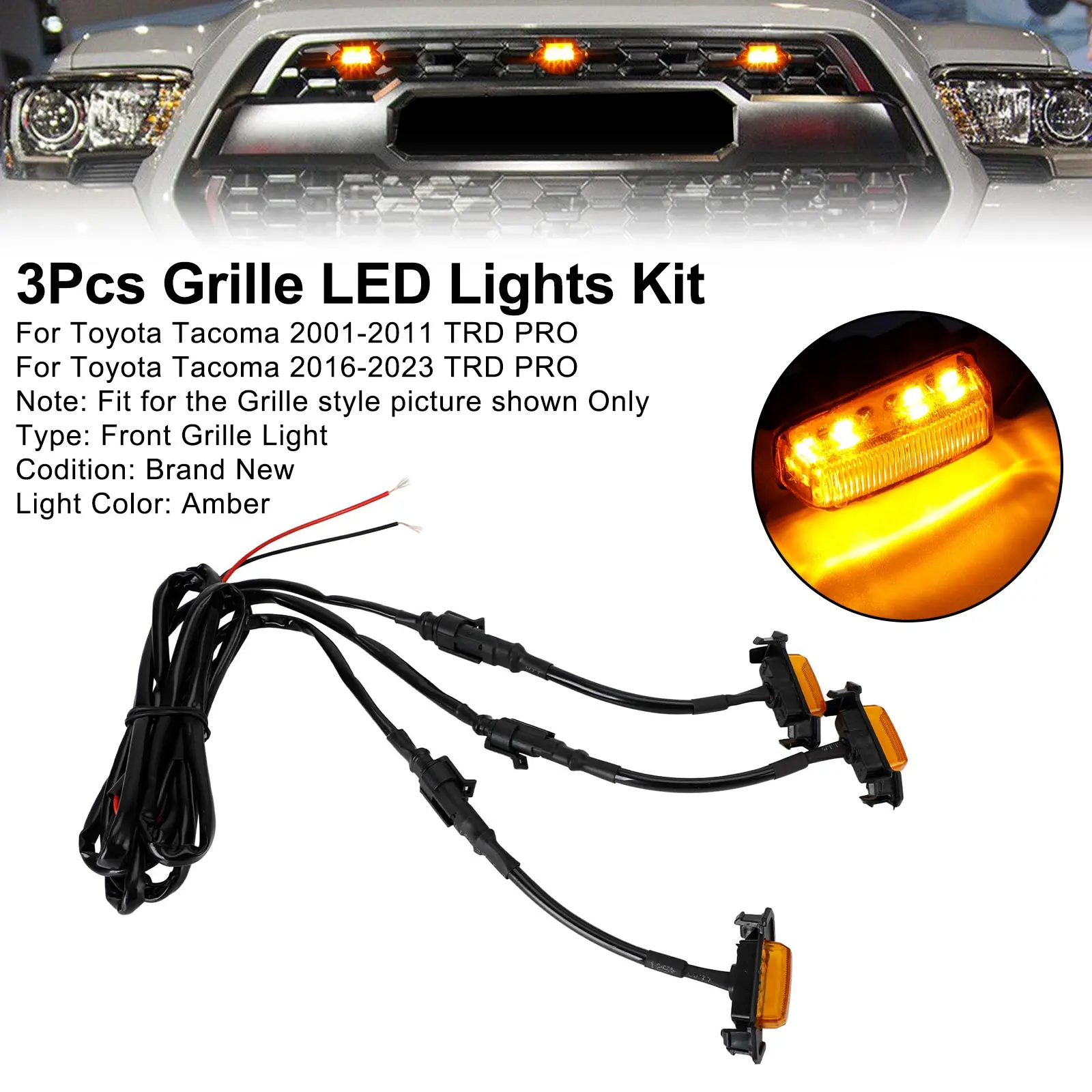 Artudatech 3PCS Front Bumper Hood Grille LED Lights Fit for Toyota Tacoma 01-11 16-23 TRD PRO