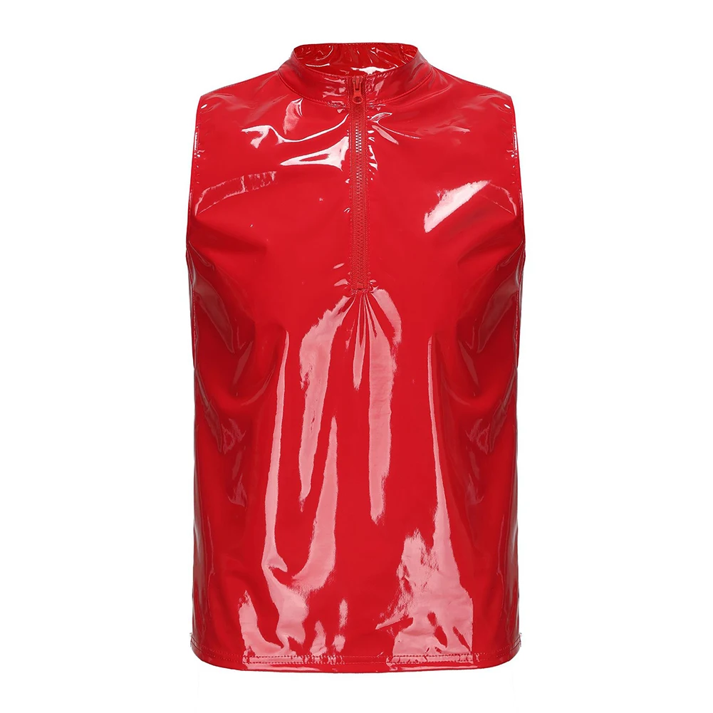 Men Hoodies Tank Tops PU Leather Zip-up Sleeveless Latex Hooded Shirts Vest T-Shirts Full Zip Shaping Wetlook Latex Vests