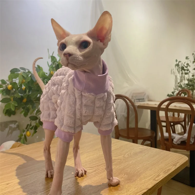 Sphynx Cat Turtleneck Winter Green Sweater Hairless Cat Clothes Thick Warm 4-legged Coat Purple Fleece Jacket for Devon Rex