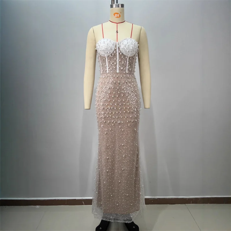 Neue Ankunft Perlen Pailletten Sexy Fishbone Trägerloses Kleid Langes Kleid Europäischen und Amerikanischen Party Abend Hochzeitskleid