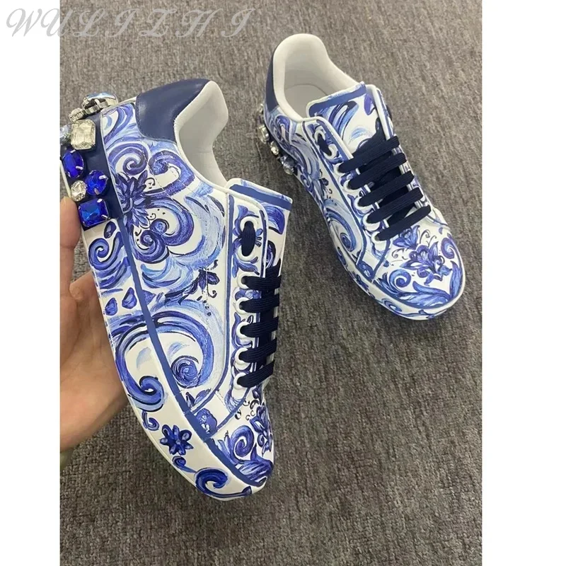 Pattern Diamond Casual Shoes Women\'s Lace Up Low Top Sneakers Multicolor High Quality Vintage Leather Comfort Flat Shoes Men