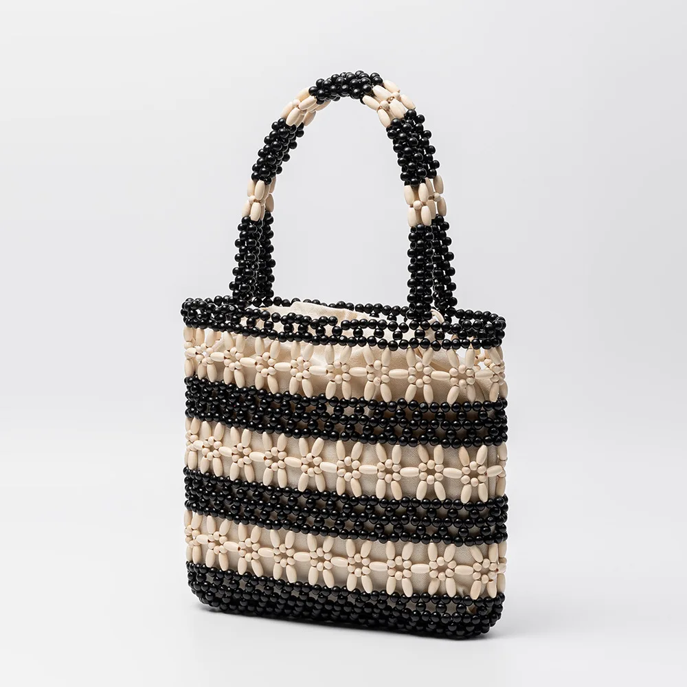 

Плетеная сумка ручной работы для женщин, маленькая сумочка с деревянными бусинами и внутренней сумкой.