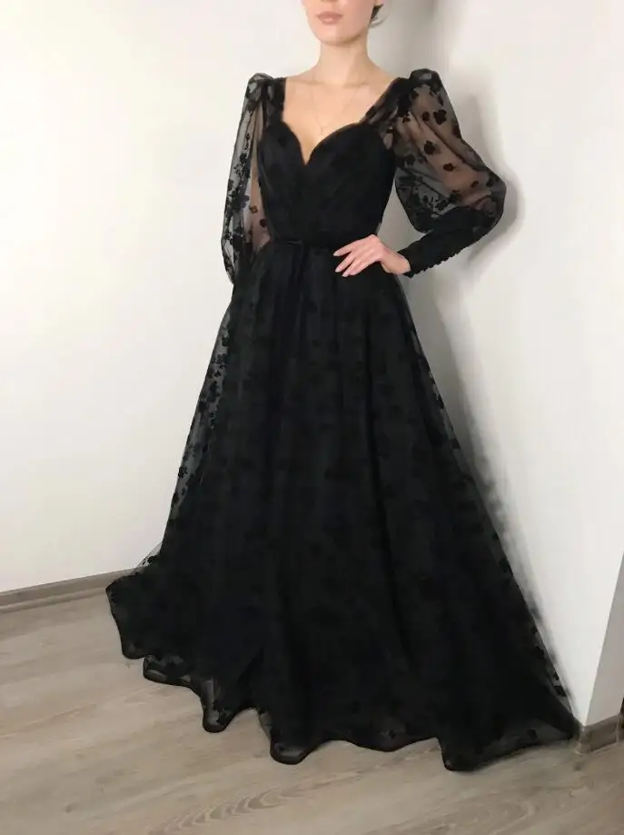 Black Lace Evening Dresses Elegant Sweetheart Puffy Full Sleeves Sweetheart Formal Party Prom Gowns Women Elegant Dress