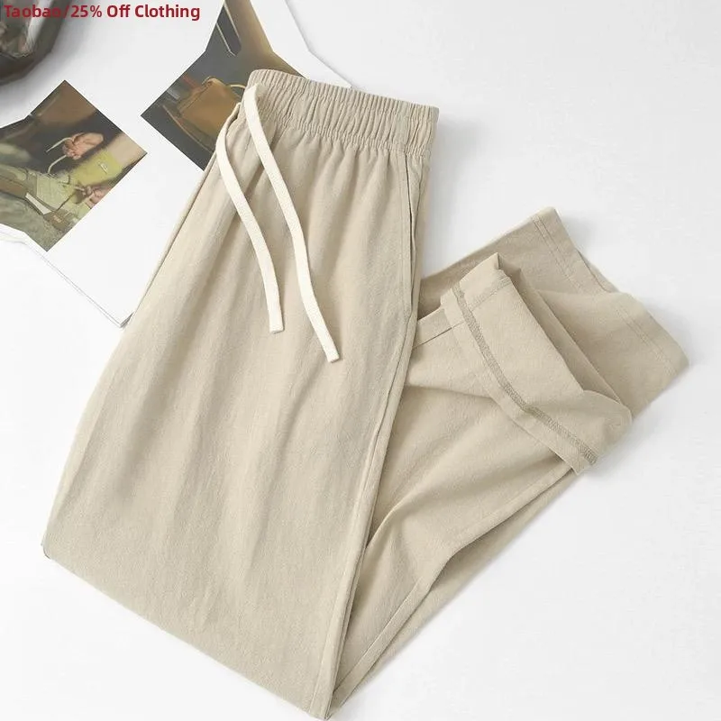 Loose Fit Breathable Cotton Linen Khaki Nine-Piece Casual Pants Summer New Sle Simple All-Match Long Pants Youth Faion