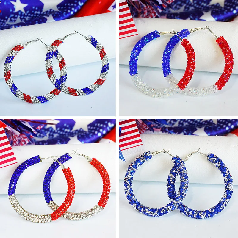 2024 Independence Day Earrings with Sparkling Diamonds American Patriotic Colors Color-blocking Rhinestones Large Simple Jewelry