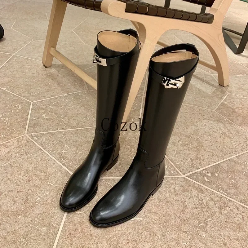 

2024 Thigh High Boots Women Vintage Leather Flat Low Heel Knee Height Buckle Boot Keep Warm Round Toe Shoes British Style