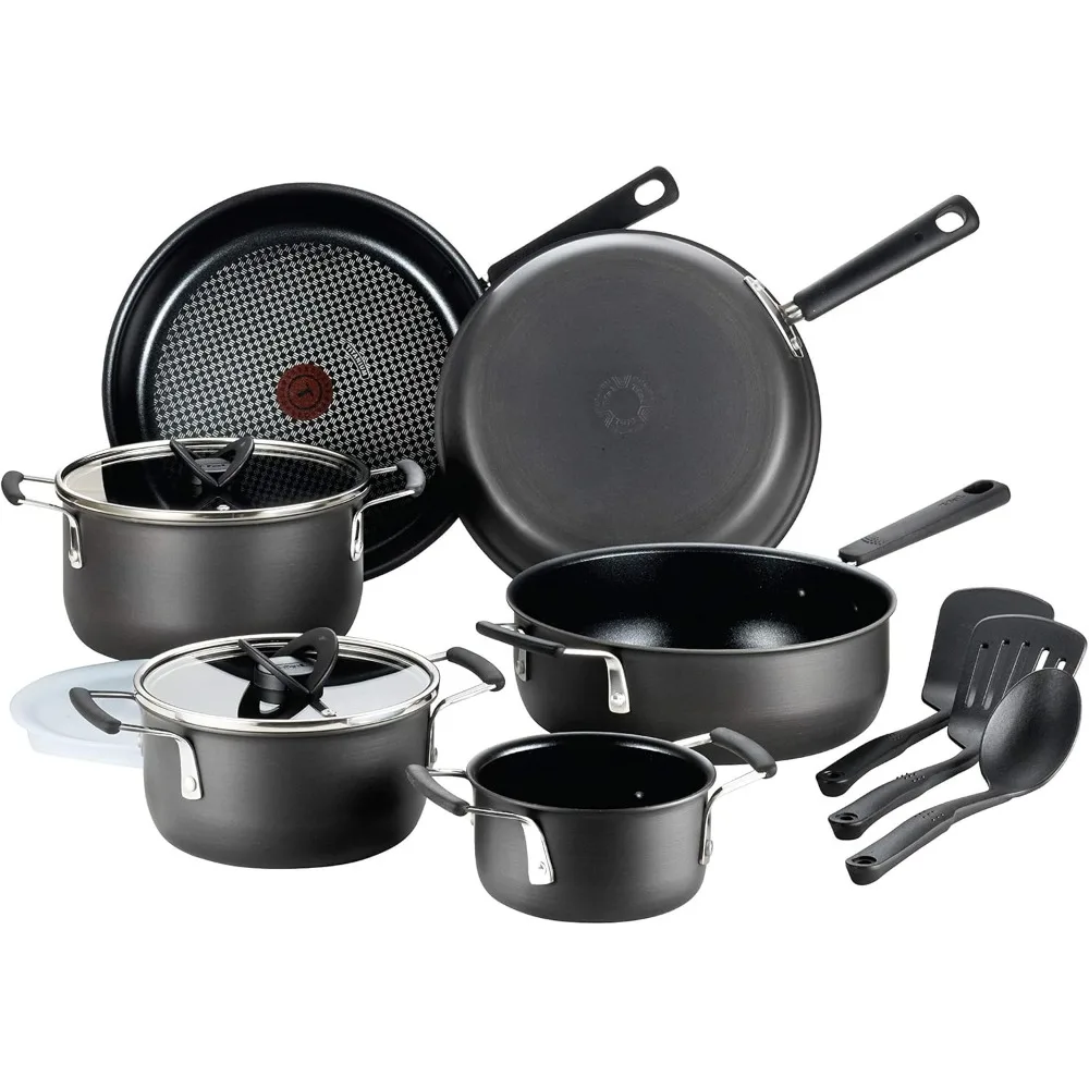 All In One Hard Anodized Nonstick Cookware Set 12 Piece Pots and Pans, Dishwasher Safe Black