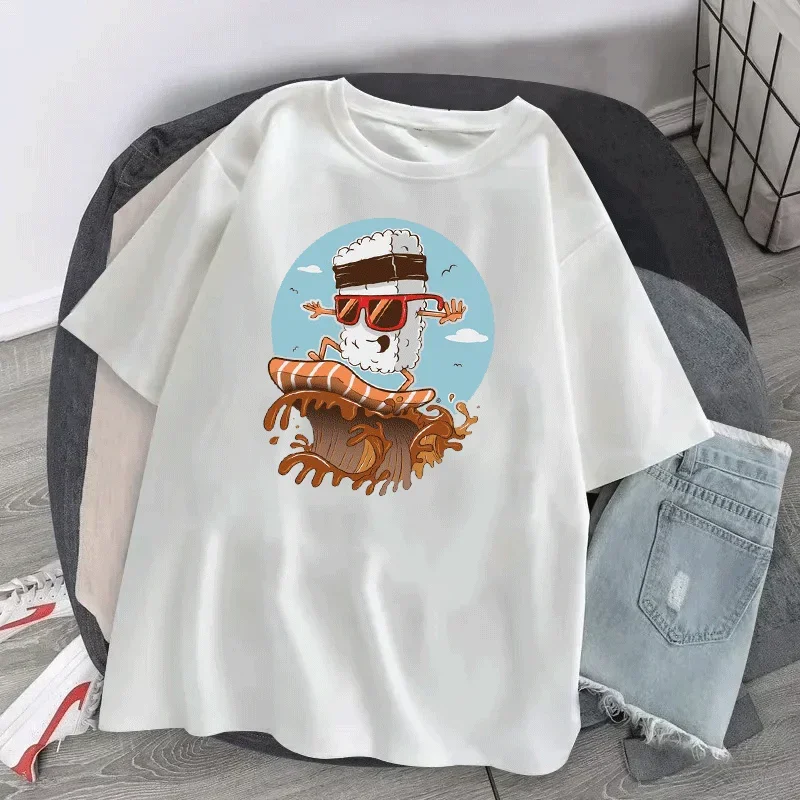 

Cute Sushi T-shirts Summer Sushi Hug Short Sleeve Tees Shirt Femme 2024 Summer O-Nock Kawaii Clothing Tops Ladies Women T Shirt