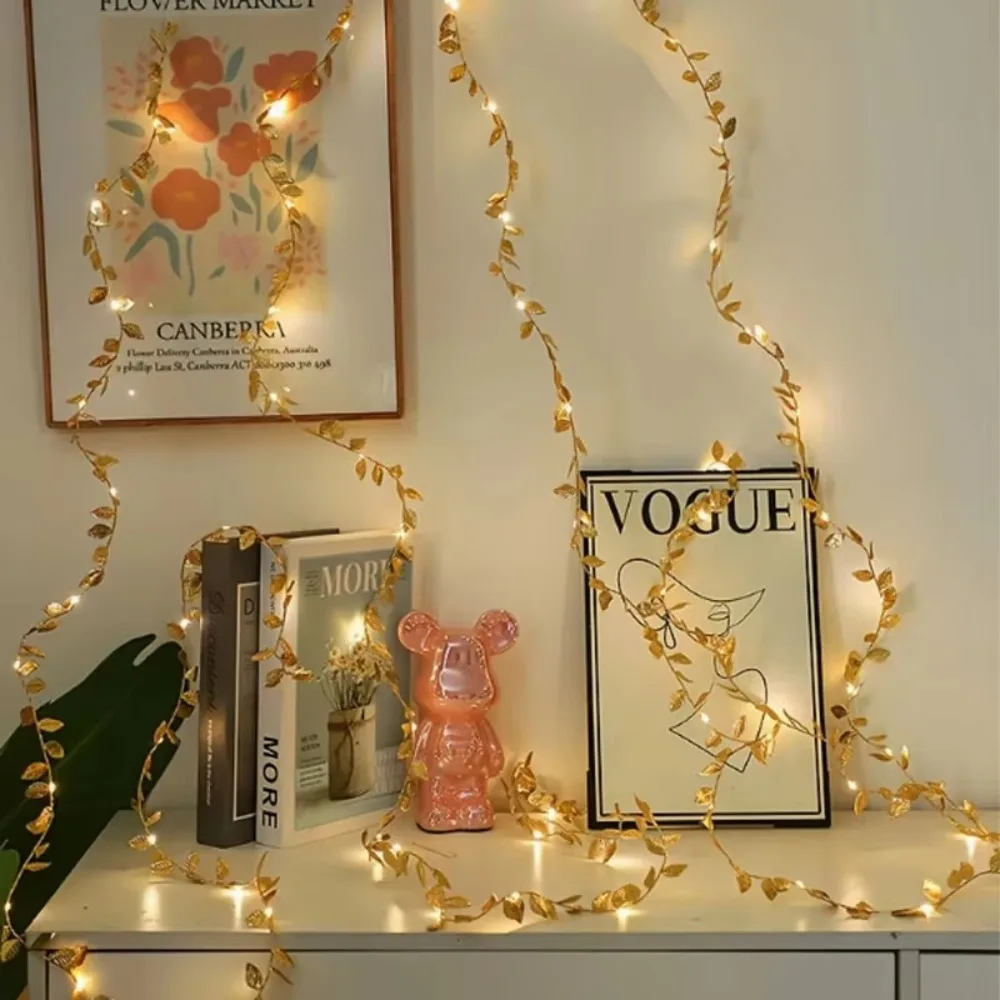 Battery Powered Golden Leaf String Lights Warm White for Wedding Birthday Party Table Festive Home Window Balcony Stair Decor