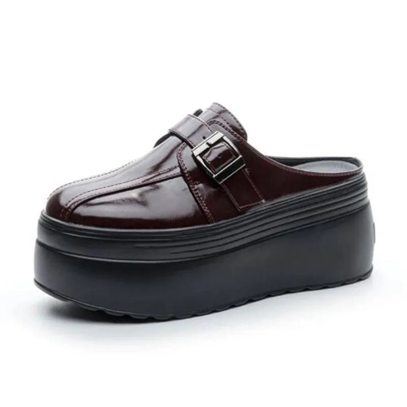 

8cm Luxury Genuine Leather Casual Women Platform Wedge Flats Slippers Slides Mules Summer Sandals Breathable High Brand Shoes
