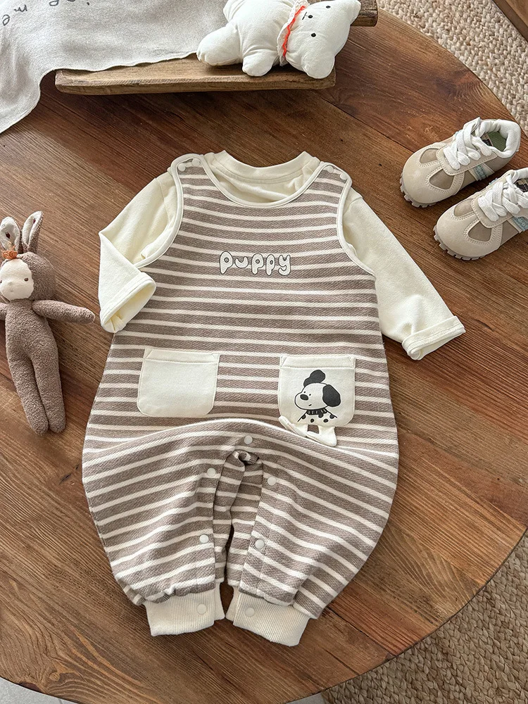 

Boy's Suit2025Autumn New Infant Baby Boys' One-Piece Romper Striped Mickey Overalls Two-Piece Set aClass