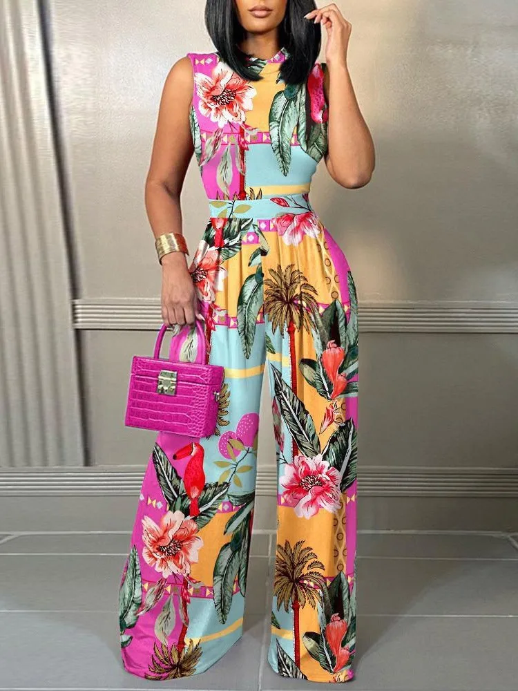 Elegant Women Wide Leg Long Juumpsuit 2024 Spring Summer Fashion Printed Sleeveless Casual Holiday Bodysuits Jumpsuits Trousers