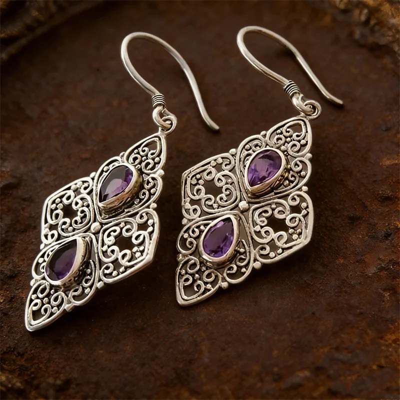 Vintage Silver Color Water Droplets Purple Stone Earrings Personality Metal Carving Pattern Geometry Hollow Dangle Earrings