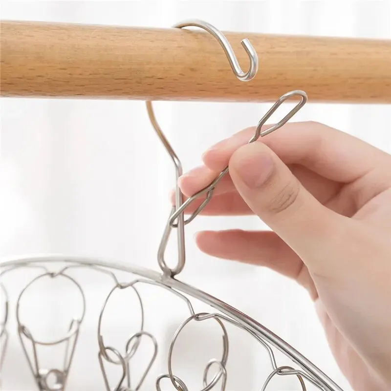 16 Clip Hanger Stockings Rack Stainless Steel Multi-Clip Drying Sock Round Folding Hook