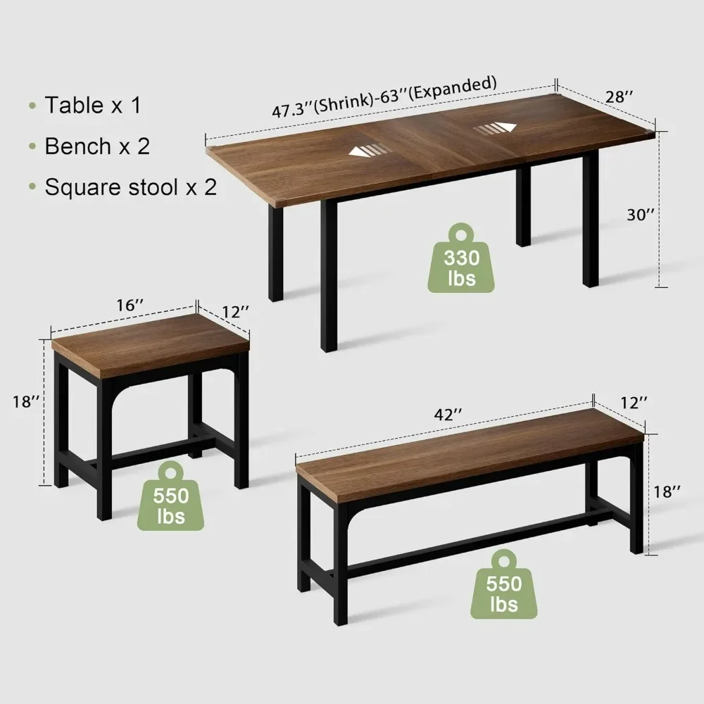 Table Set for 4-8 People, 63-Inch Extendable Kitchen Table Set with 2 Benches And 2 Square Stools, Walnut