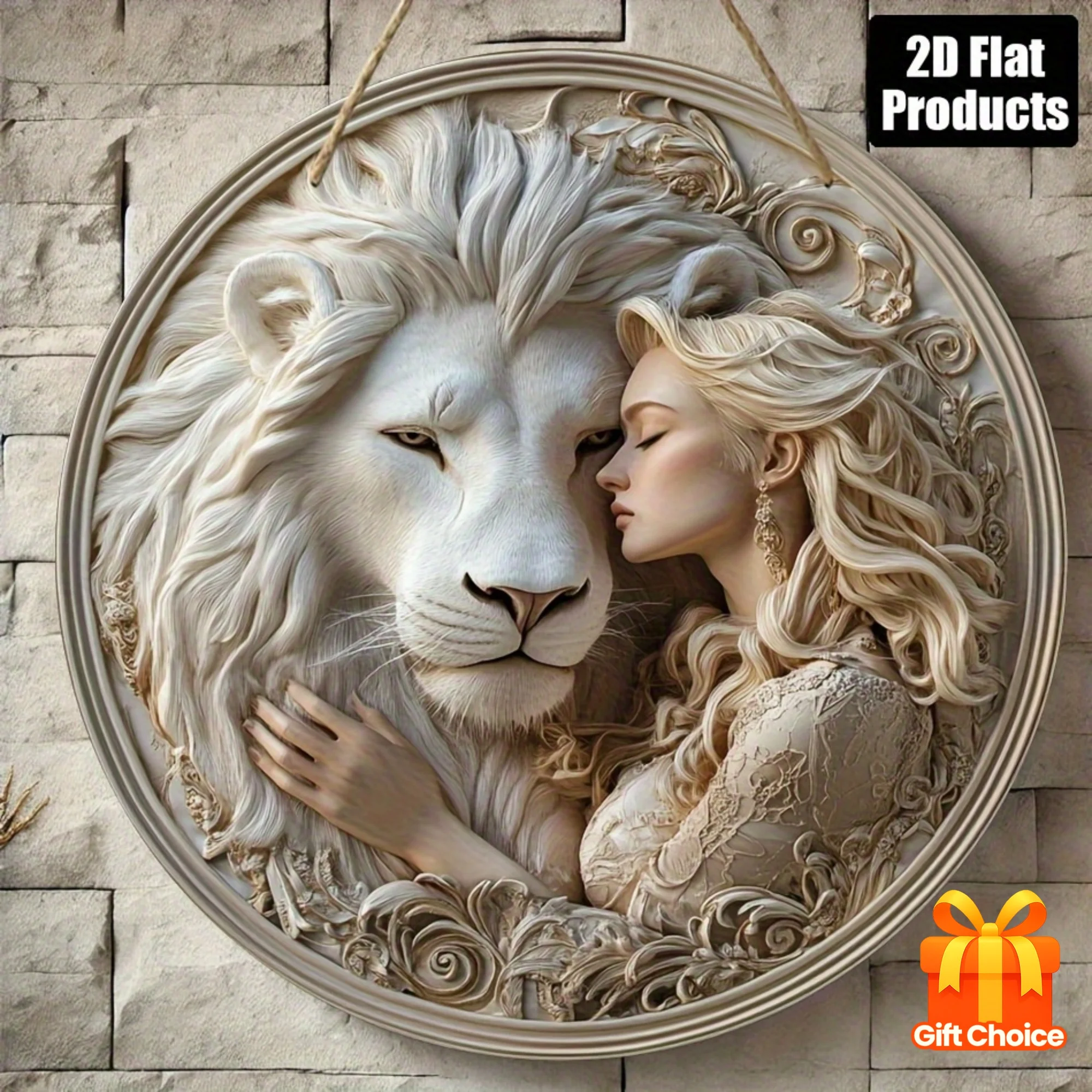 Un cartel de madera redondo plano 2D de 1 pieza con un tema de belleza y leones es adecuado para decoración de bar, cafetería y sala de estar.