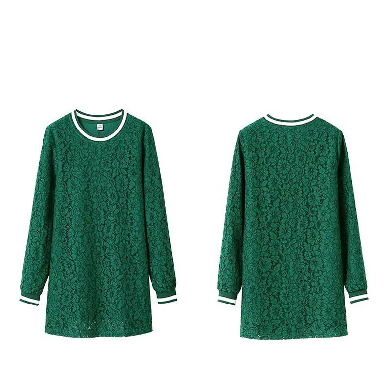 Casual Fashion Floral Lace Midi Shirt Elegant Hollow Out Spring Autumn Long Sleeve Spliced Female Clothing Basic O-Neck Blouse