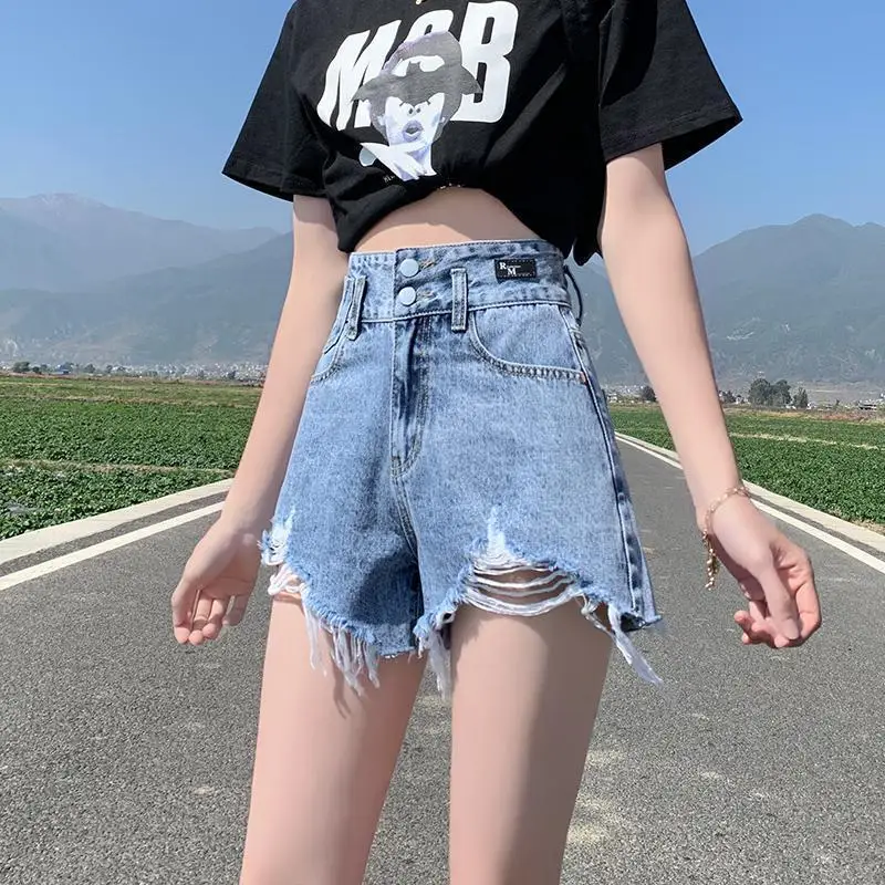 

Светло-голубые джинсы с завышенным подолом, женские летние брюки с высокой талией и двойной пуговицей, тонкие широкие брюки трапециевидной формы, корейские шорты