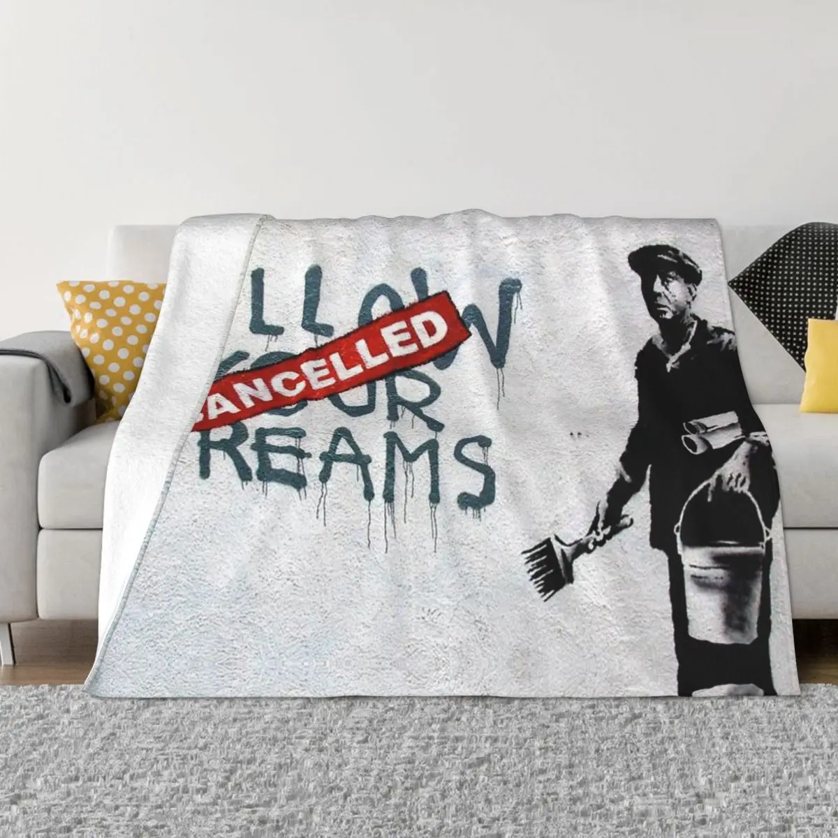 Banksy Follow Your Dreams Flannel Throw Blanket Graffiti Blankets for Bed Outdoor Lightweight Thin Quilt