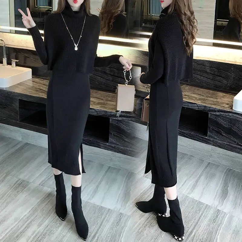 Autumn and Winter New High Neck Mid Length Woolen Dress Over the Knee Korean Version Thick Vest Skirt Two-piece Set for Women