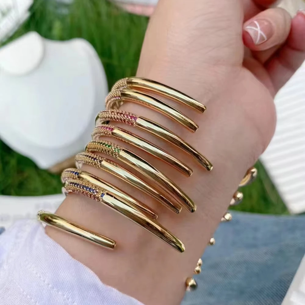Women Charming Brass Plated Micro Zircon Adjustable Open Cuff Bracelet Bangle