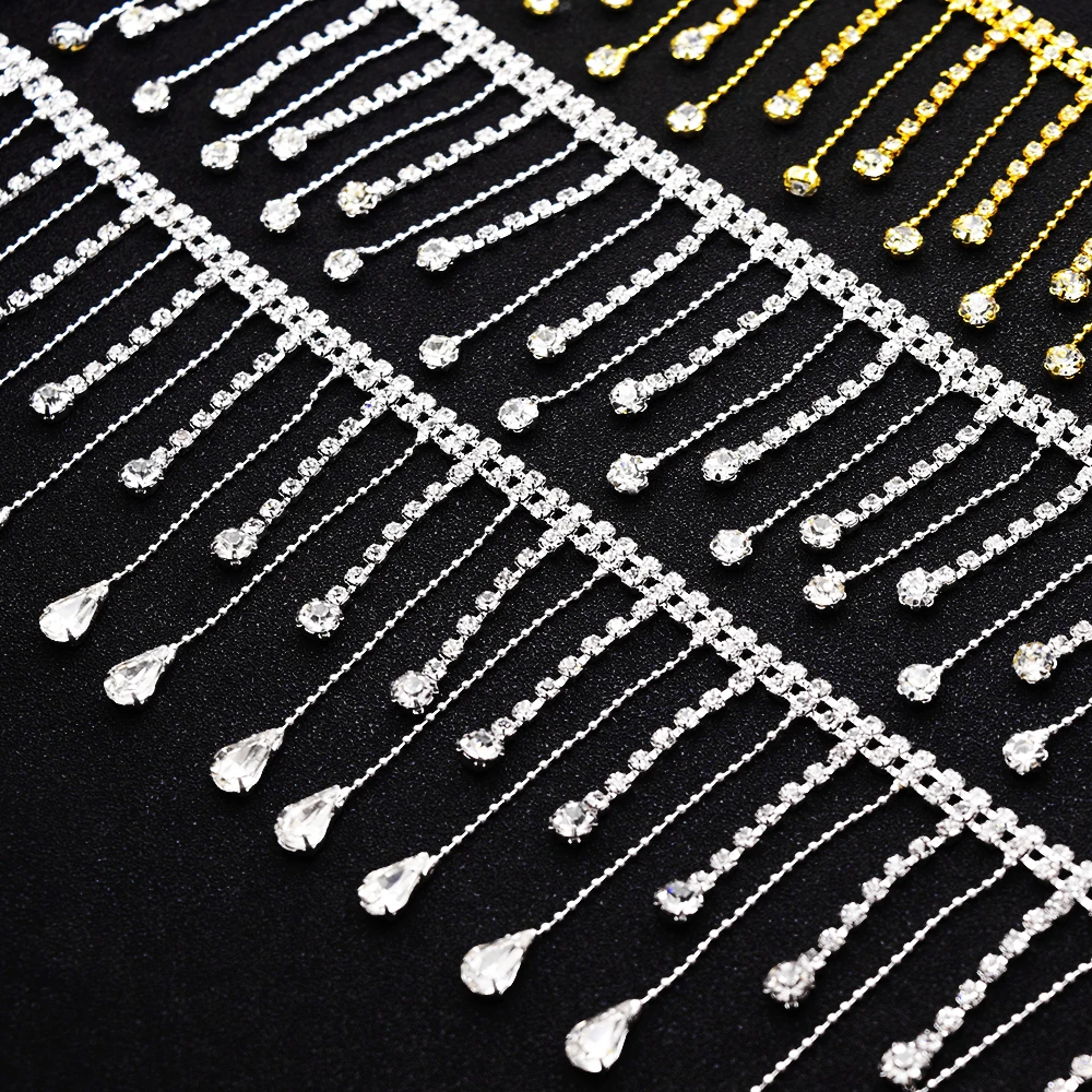 1 yard ab colored shiny rhinestone fringe decoration Glass bead chain fringe applique sewn dress Wedding boots dress bag pendant