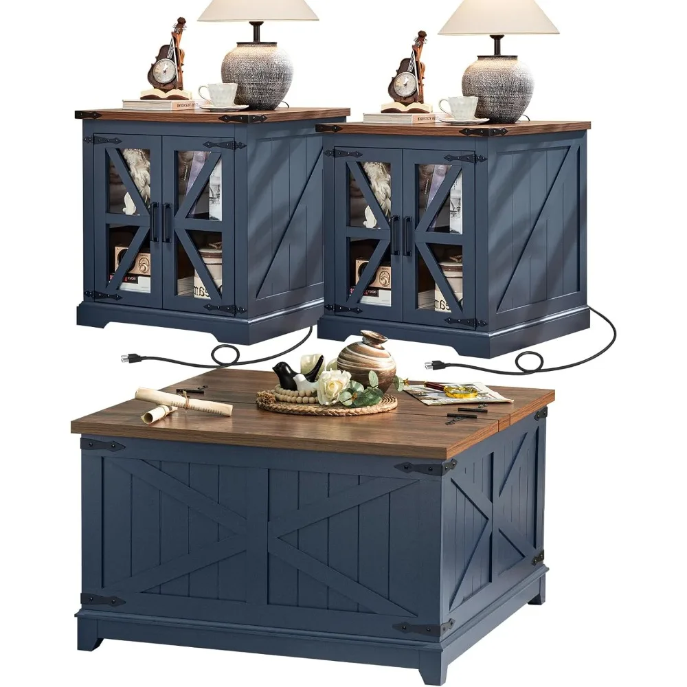 

Набор журнальных столиков для фермерского дома, мебель из 3 предметов, торцевой столик с зарядной станцией 2 и журнальный столик со скрытым органом для хранения