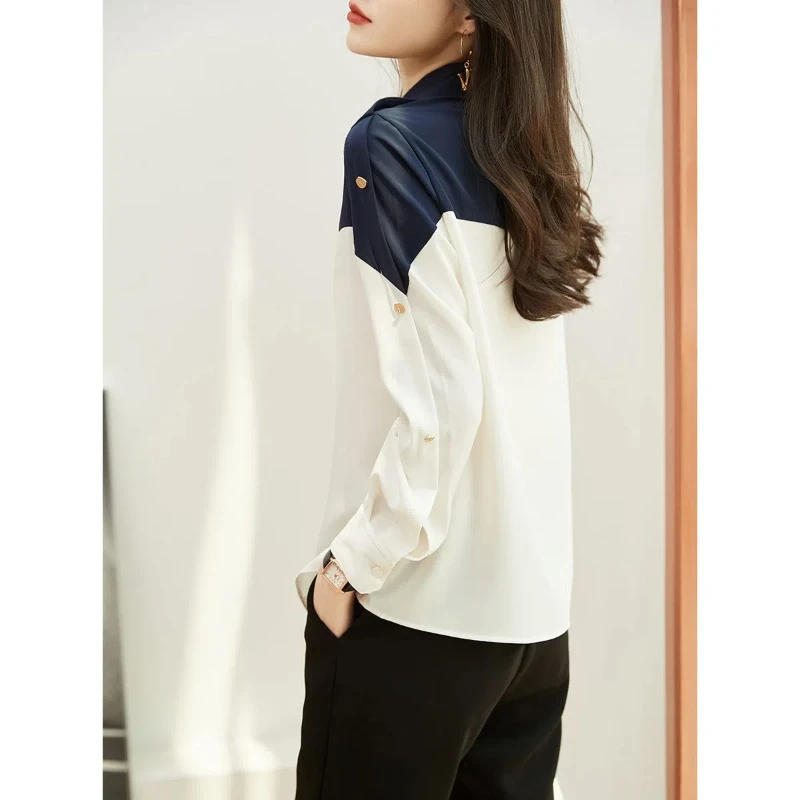 Temperament Contrast Blouse Spring Autumn New Long Sleeve Button Patchwork Loose Office Shirt Tops Fashion Elegant Women Clothes