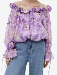 New 2024 Women Purple Floral Print Sexy Off Shoulder Blouse Long Sleeve Female Spring Summer Holiday Crop Top