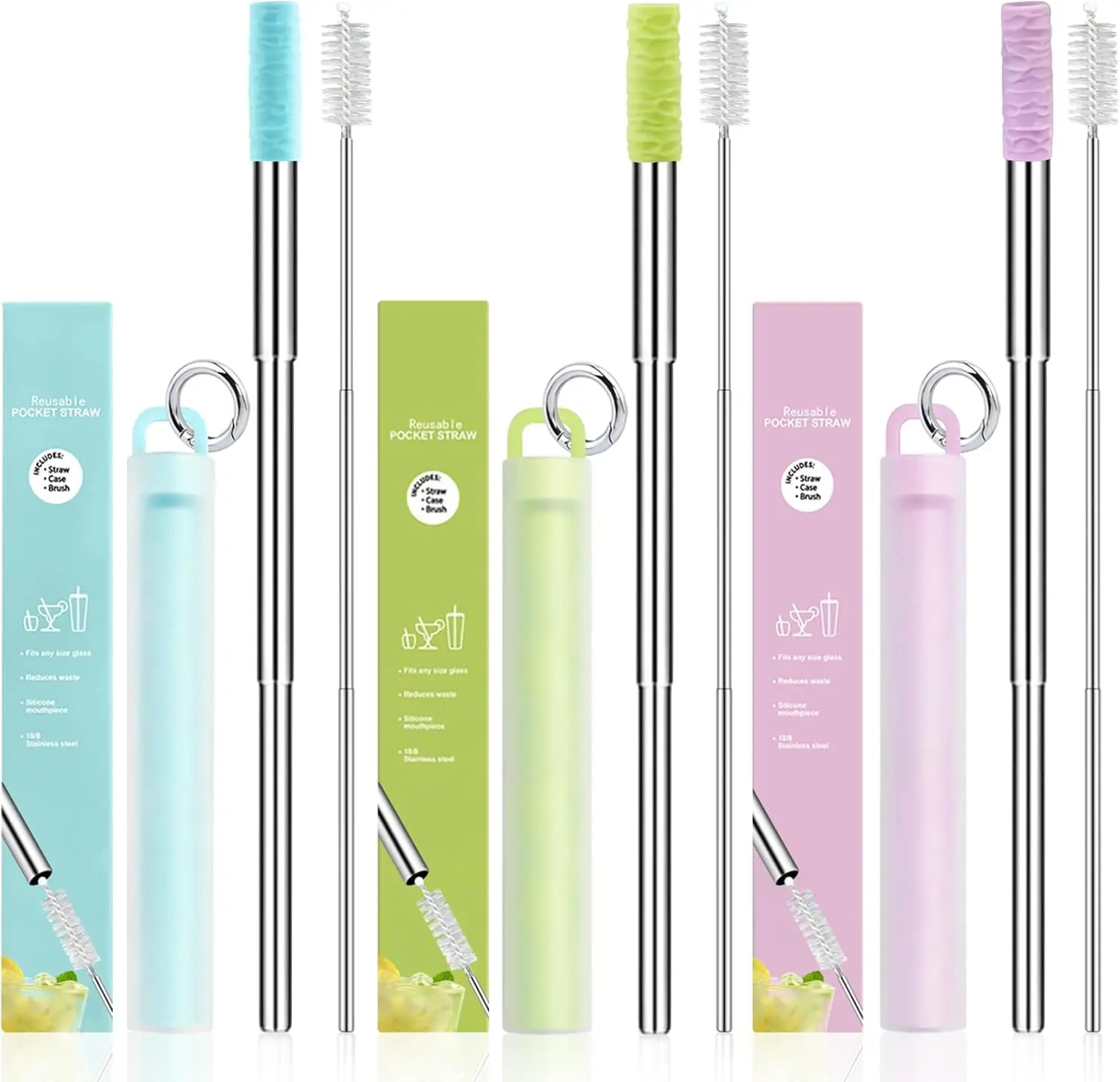 304 Stainless Steel Folding Straw Set Portable Telescopic Straw Tips with Cleaning Brush Telescopic Straw with Silicone for Home