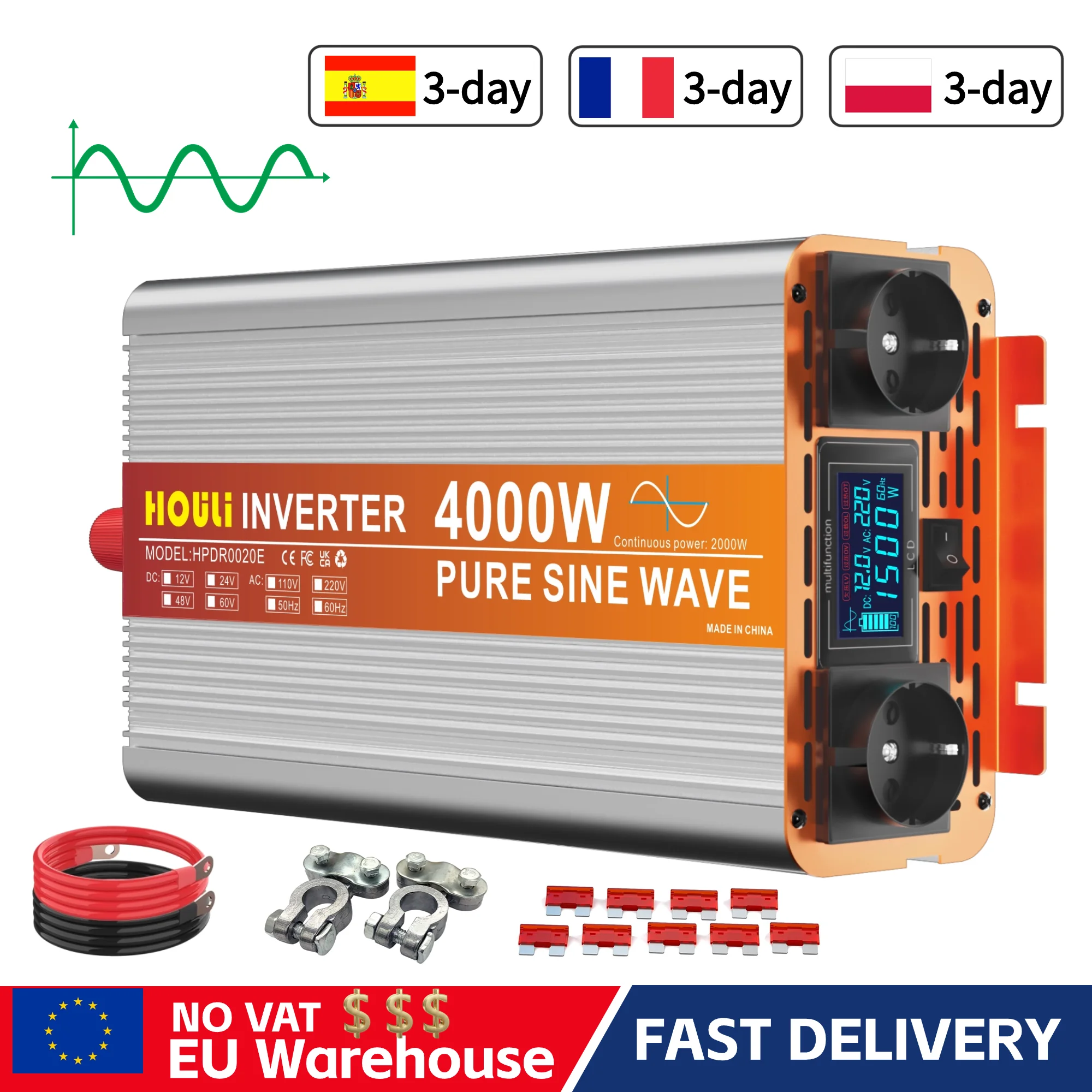 HOULI 4000W Pure Sine Inverter - Inverter 12V 220V 230V Converter and Dual AC Sockets LCD Display For Boat, Camping, Travel