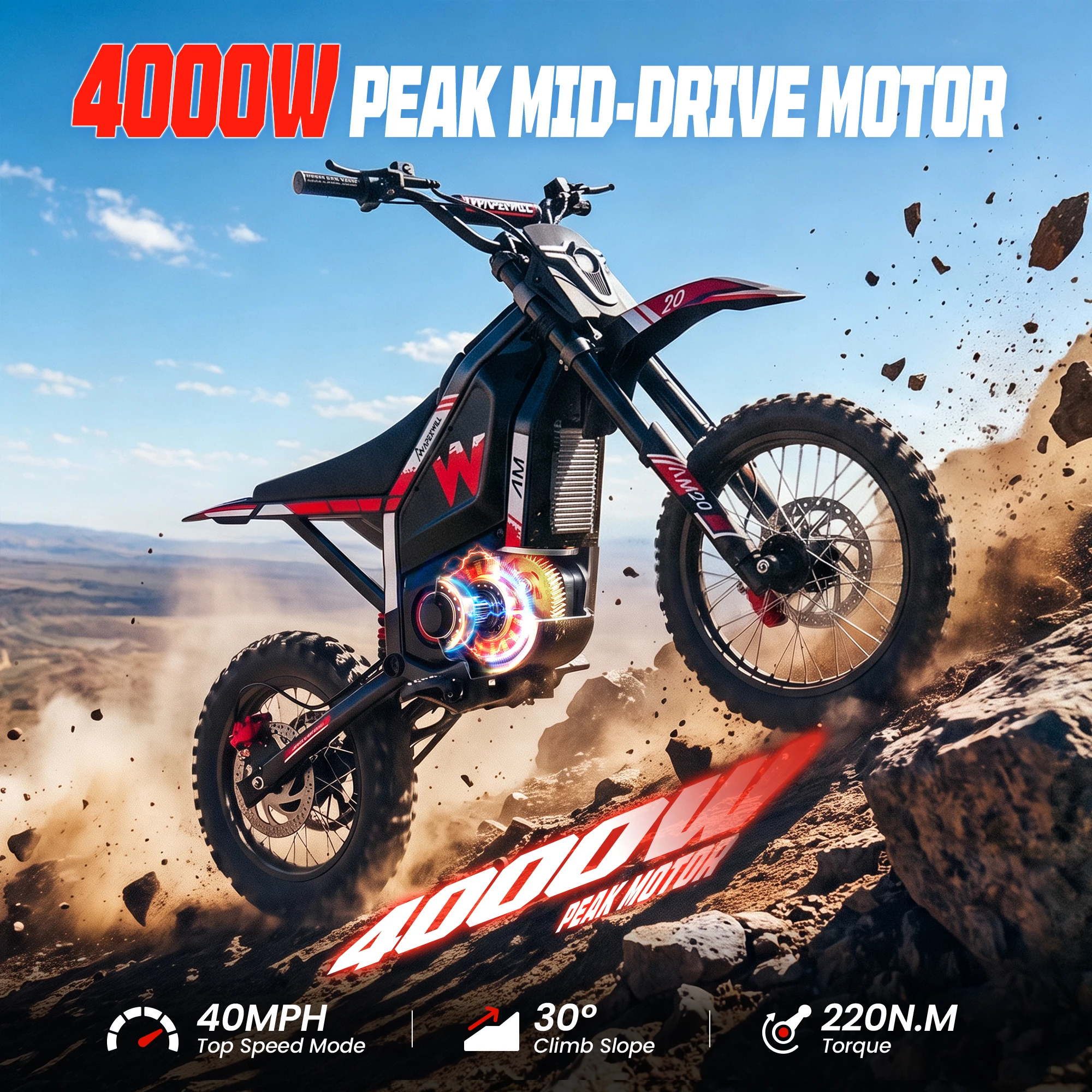 AM20 Electric Dirt Bike, 40MPH 4000W Peak Motor Electric Motorcycle for Teens, 48V 24Ah Battery 50‑Mile Ranges E Dirt Bike, Signature Headlights & Built‑in Speaker Off‑Road Dirt Bike