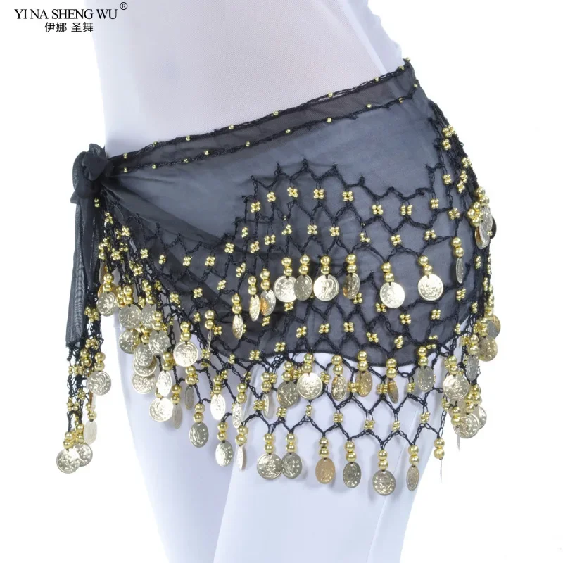 Ceinture de danse du ventre en tissu mousseline de soie, 128 pièces de monnaie à trois couches, chaîne de taille pour femmes adultes, accessoires de spectacle de danse, écharpe de hanche