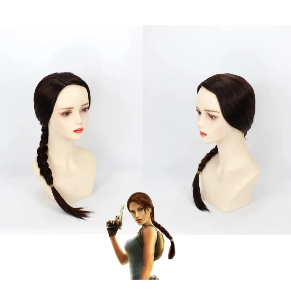 

Парик для косплея Tomb Raider Lara Croft с имитацией кожи головы, темно-коричневые волосы с боковым пробором